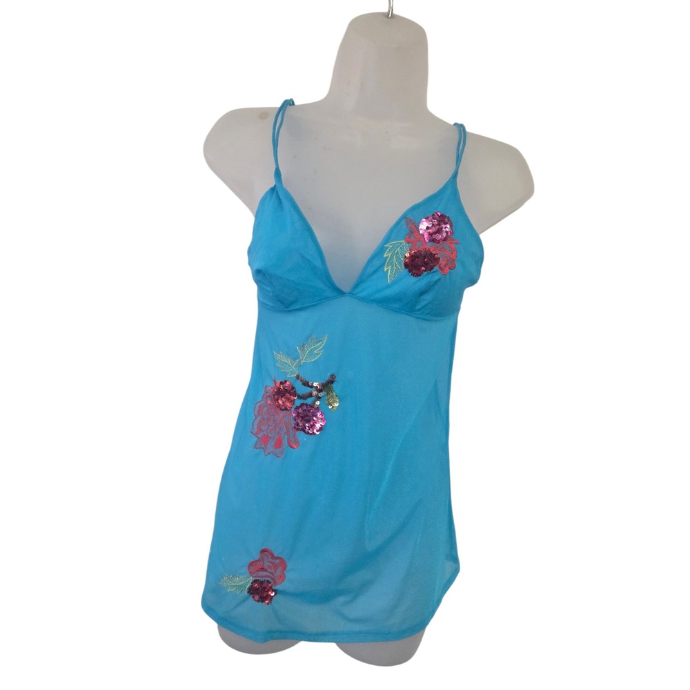 Victoria's Secret Y2K Aqua Sequin Floral‎ Camisole Spaghetti Strap Party Top